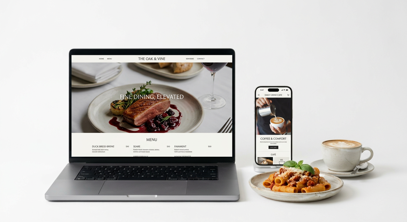 A restaurant website on a laptop beside a café website on a smartphone, with pasta and a cappuccino