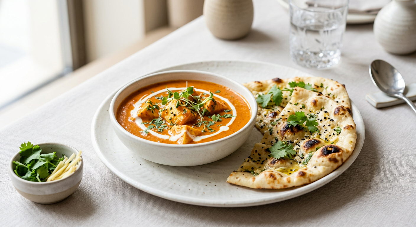 Plated Indian restaurant dish with paneer curry and naan